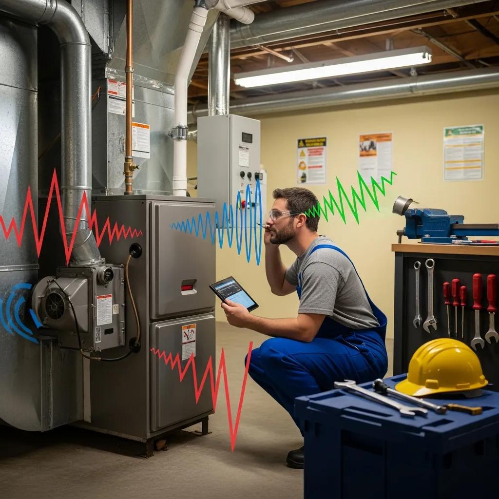 Technician inspecting a furnace with sound waves represented, illustrating the importance of diagnosing furnace noises