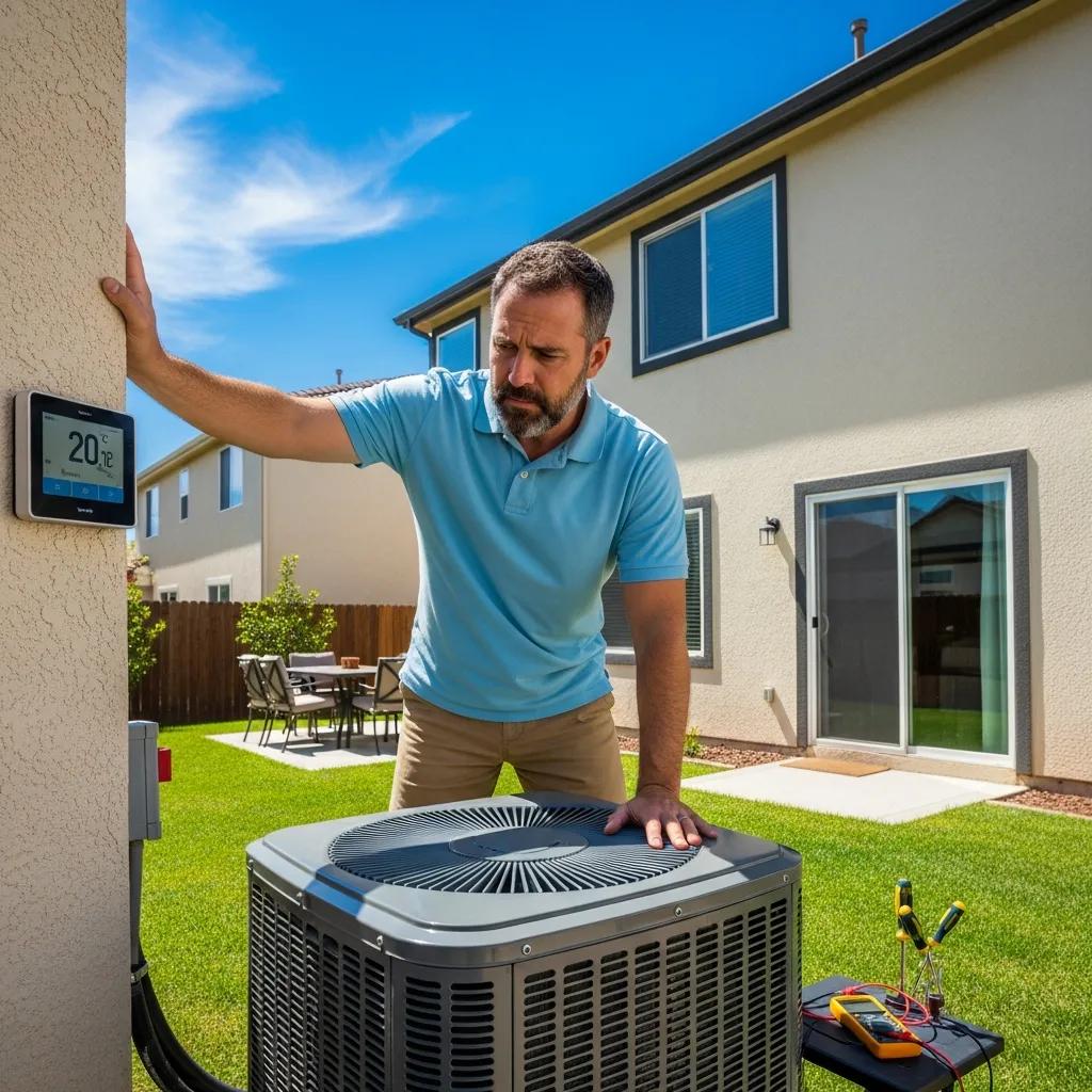 Homeowner troubleshooting air conditioning unit in the backyard