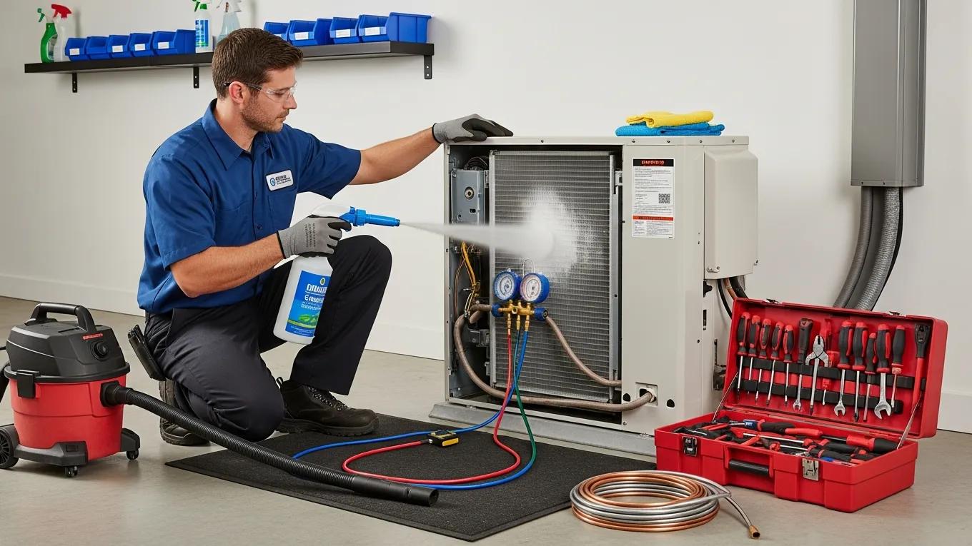 AC Not Cooling? Expert Troubleshooting & Repair 3 Technician performing maintenance on an air conditioning system, showcasing efficient HVAC solutions