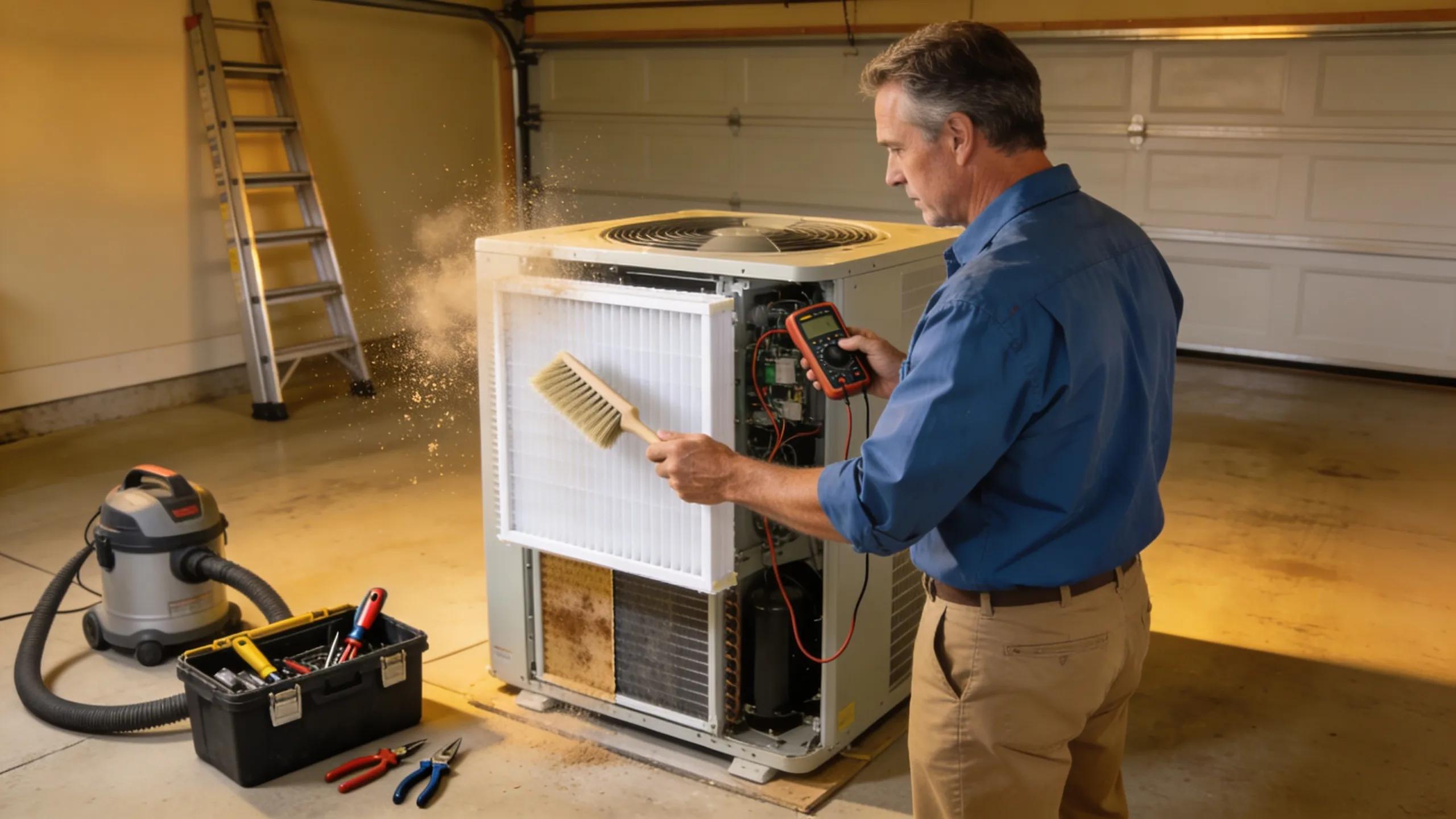 Homeowner performing preventive maintenance on HVAC unit