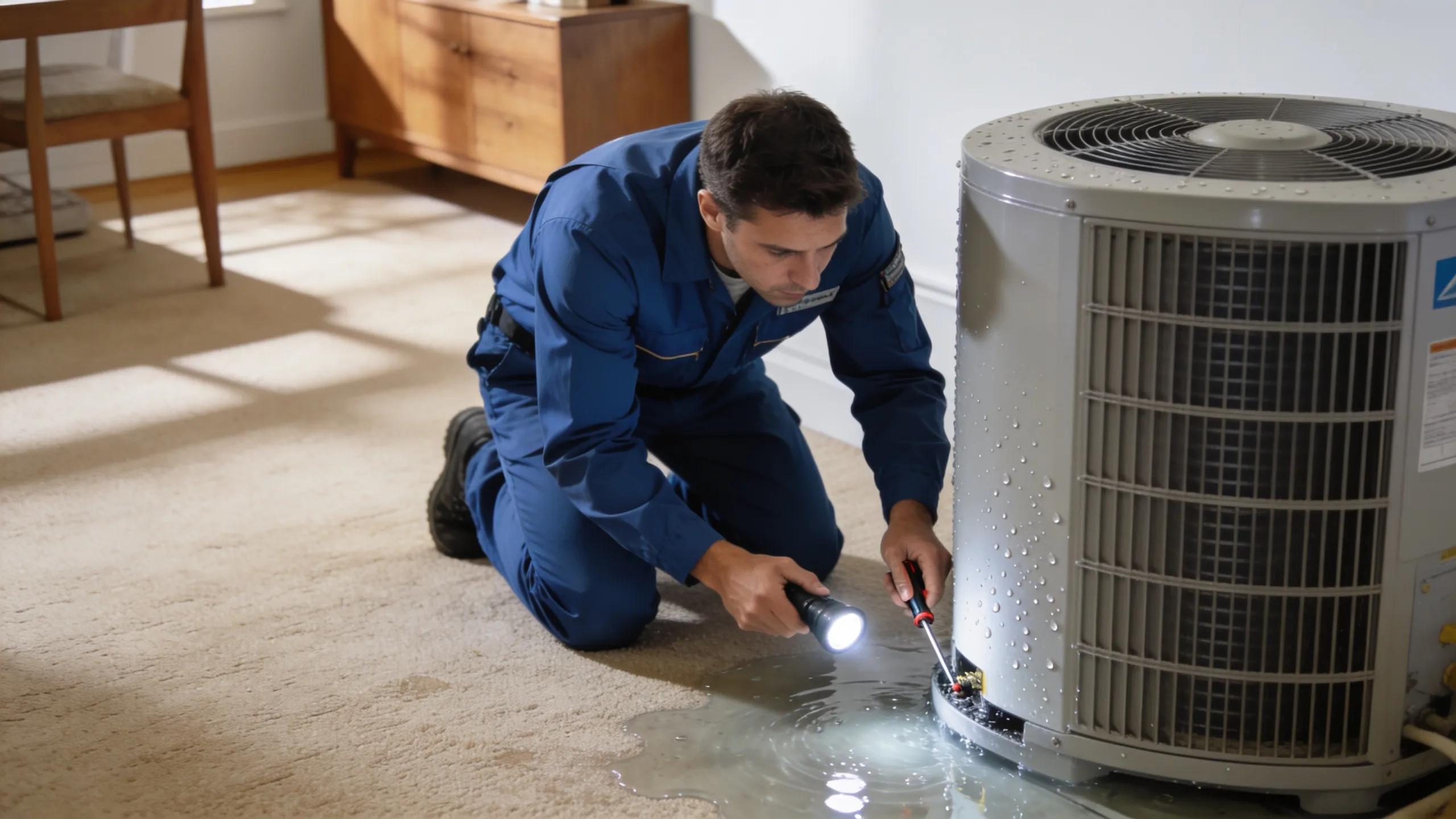 Solve AC Drain Clog: Top Causes and Symptoms Explained 1 Technician examining AC unit with water pooling nearby, indicating symptoms of a clogged drain line