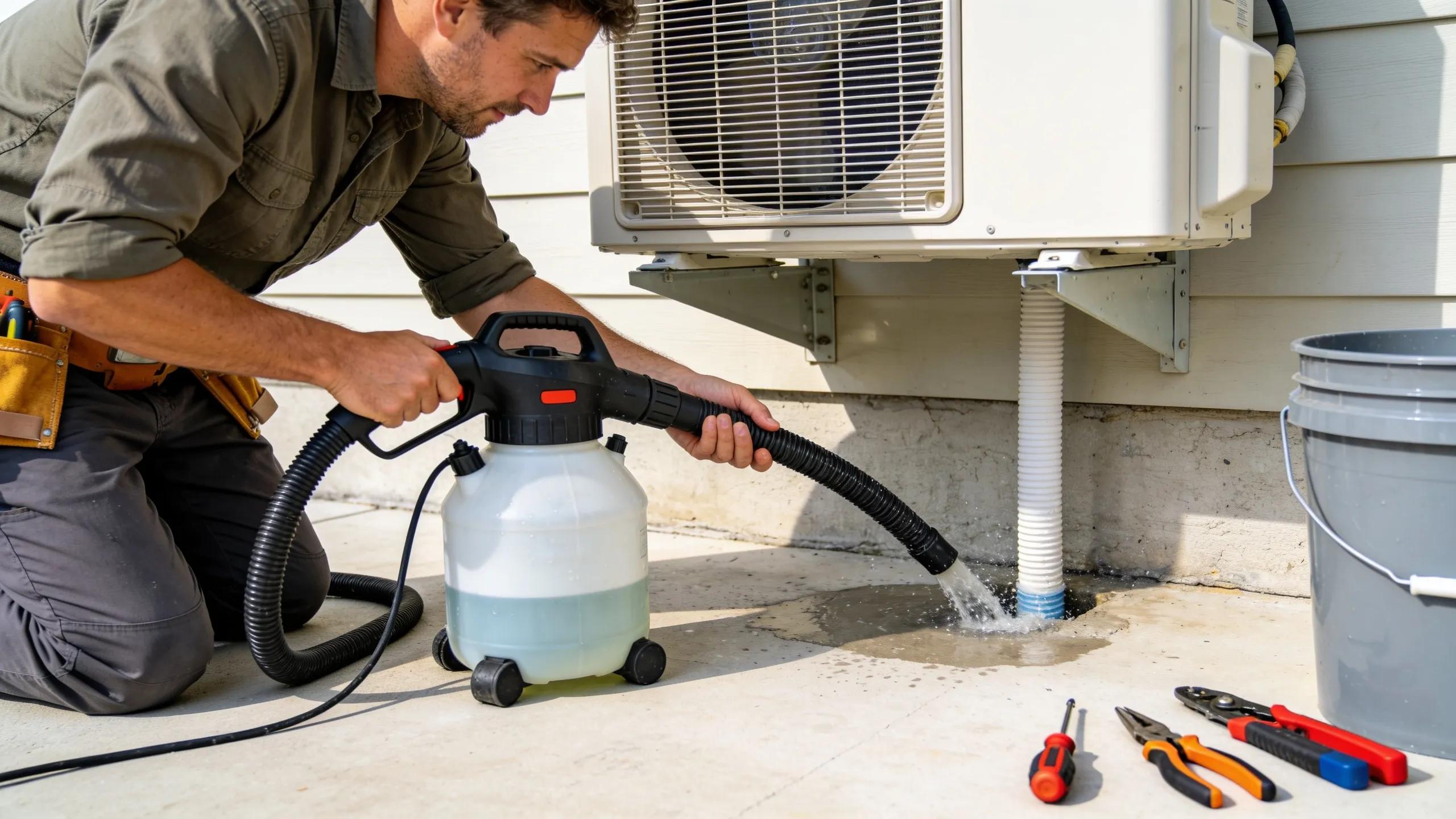 Solve AC Drain Clog: Top Causes and Symptoms Explained 2 Homeowner using a wet/dry vacuum to clear a clogged AC drain line demonstrating effective repair solutions